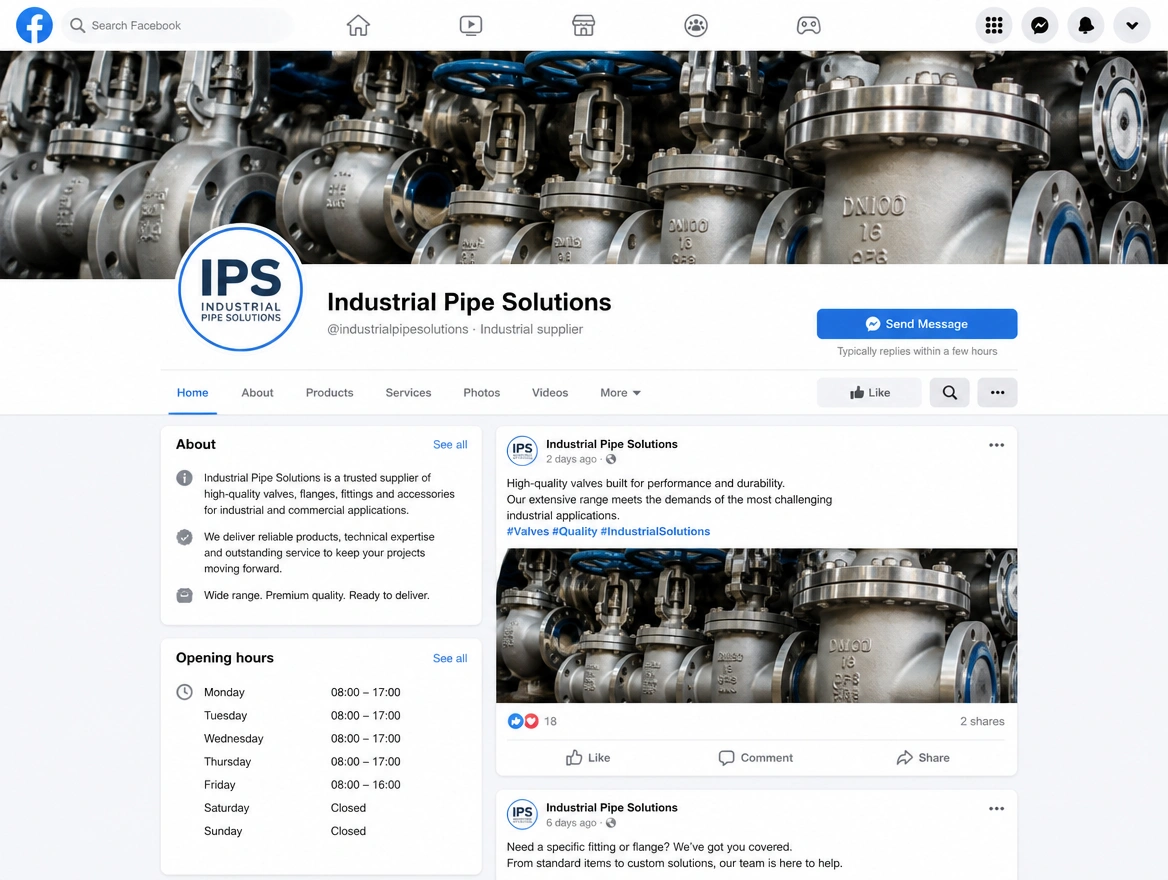 A Facebook business page for an industrial fittings supplier with posts, hours and a message button