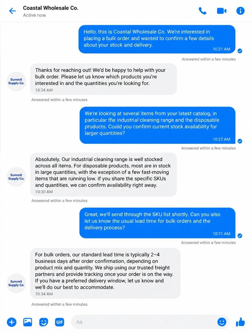 A Messenger conversation where a wholesale buyer asks about stock and delivery
