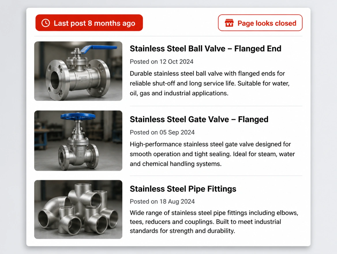 A supplier page whose latest post is marked eight months old in red