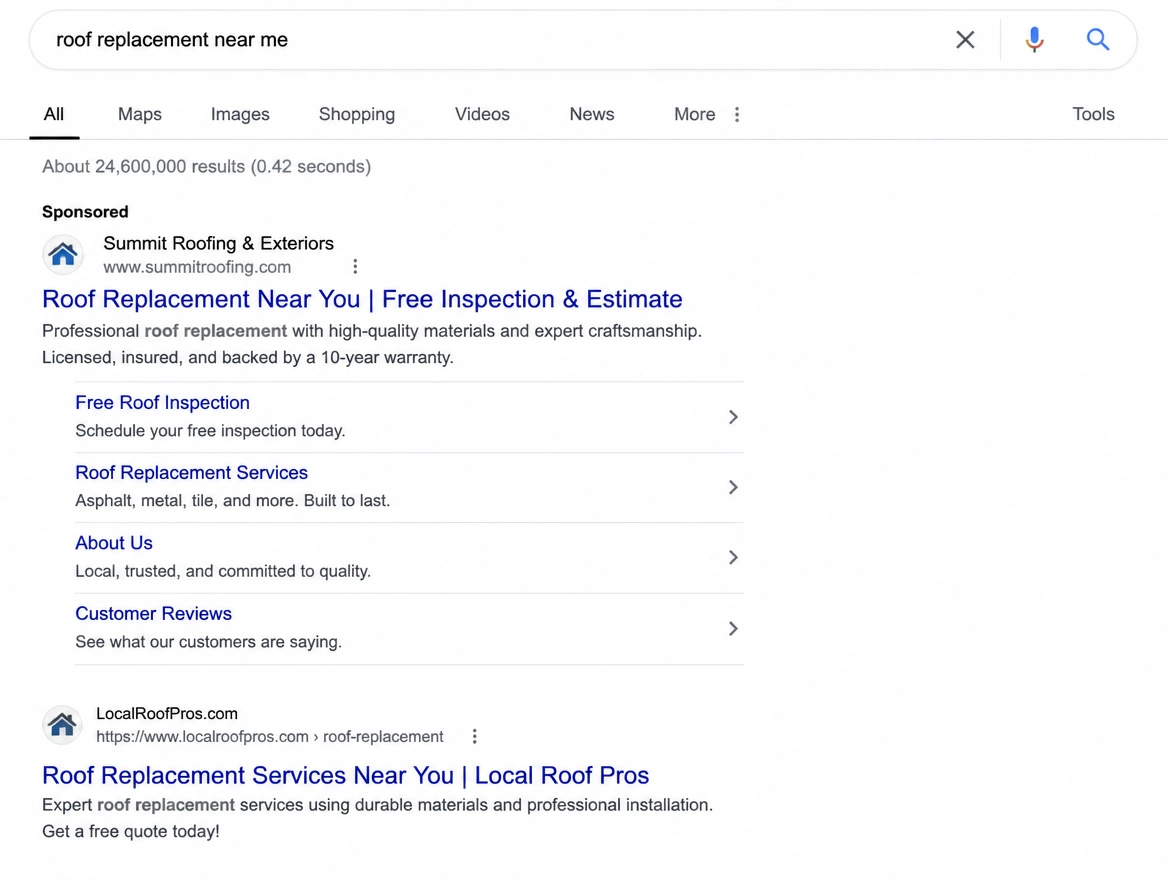 Google search results page with a sponsored listing at the top