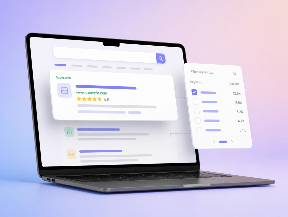 Website mockup showing search campaigns