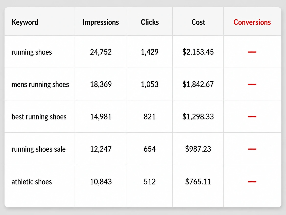 Keyword report with no conversion column filled in