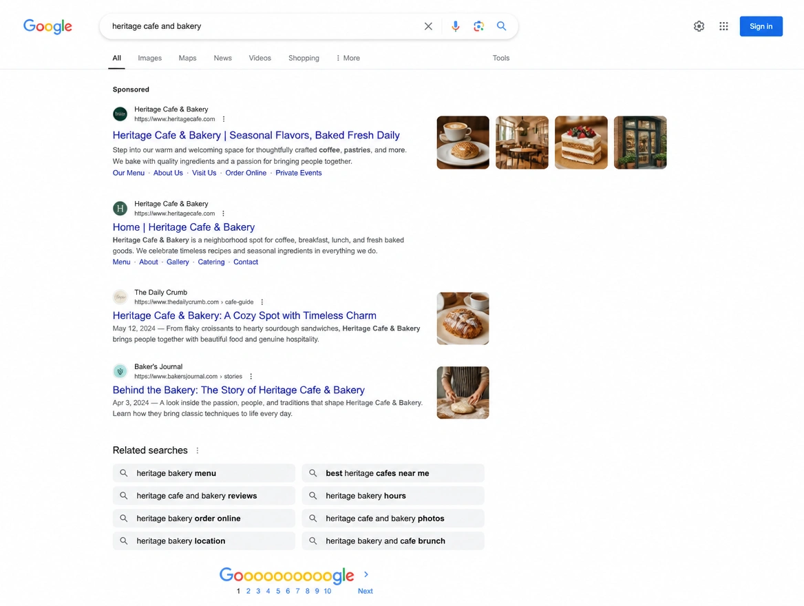 A Google search results page for a local cafe with a sponsored listing above the results