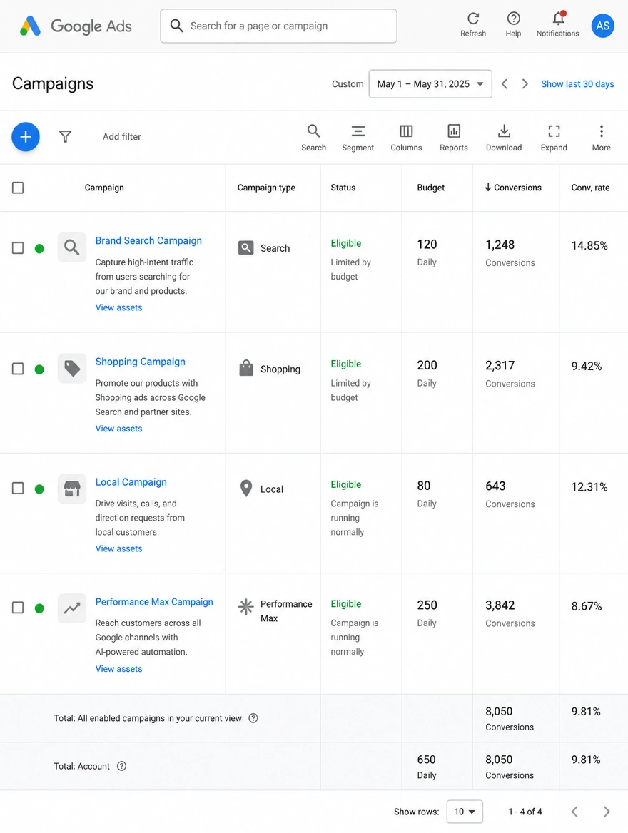 A Google Ads campaign list showing Search, Shopping, Local and Performance Max running together