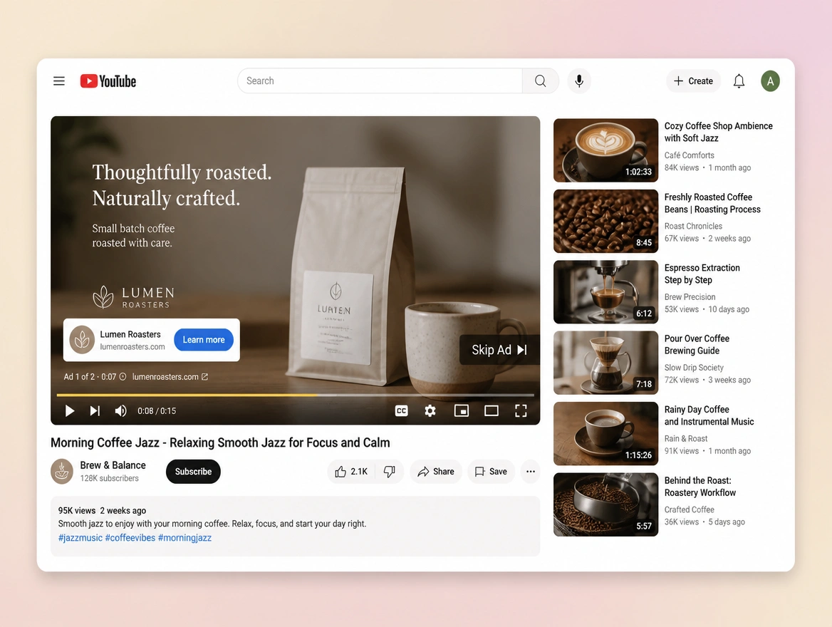 Website mockup showing youtube ads