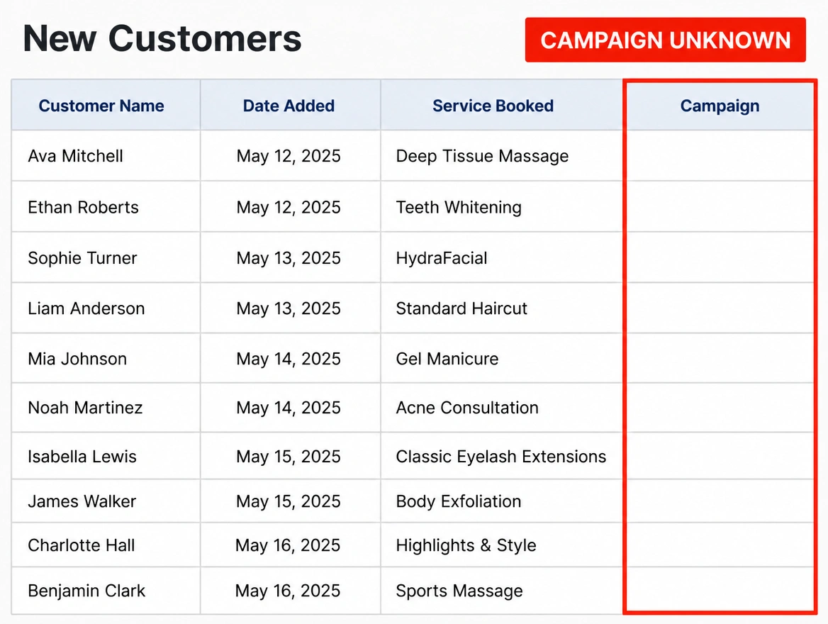 A customer list with the campaign column unfilled and marked in red