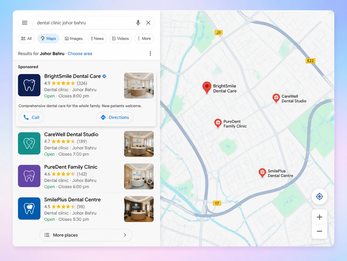 Website mockup showing local and maps