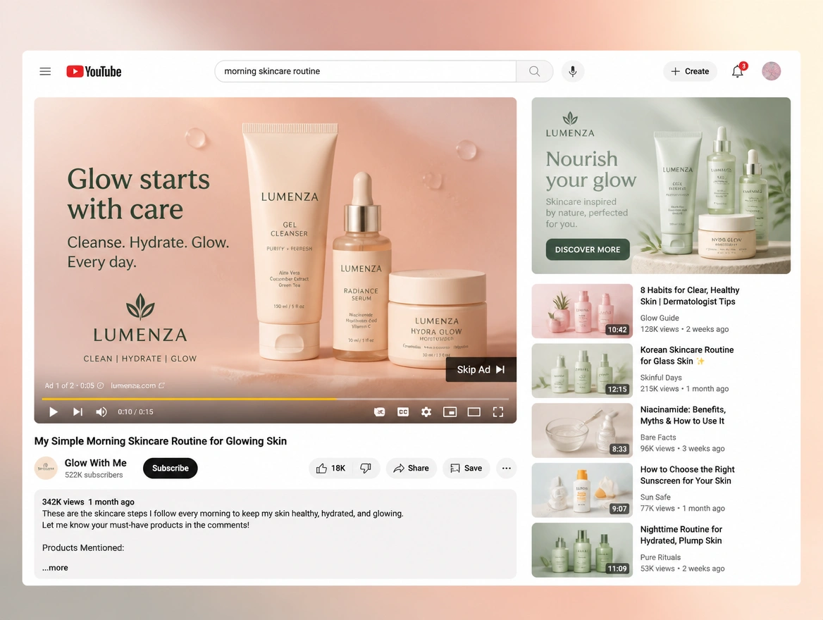 Website mockup showing youtube ads