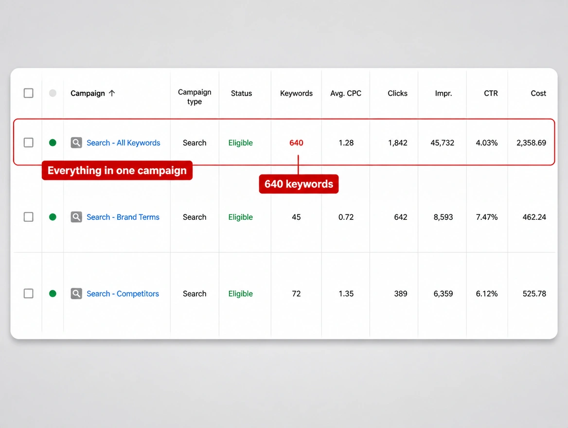 A campaign list where a single Search campaign holds every keyword