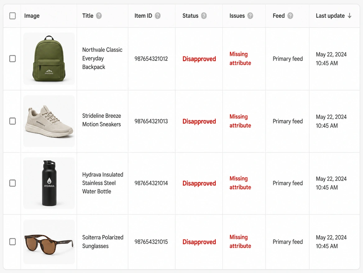 A product feed table where every item is disapproved