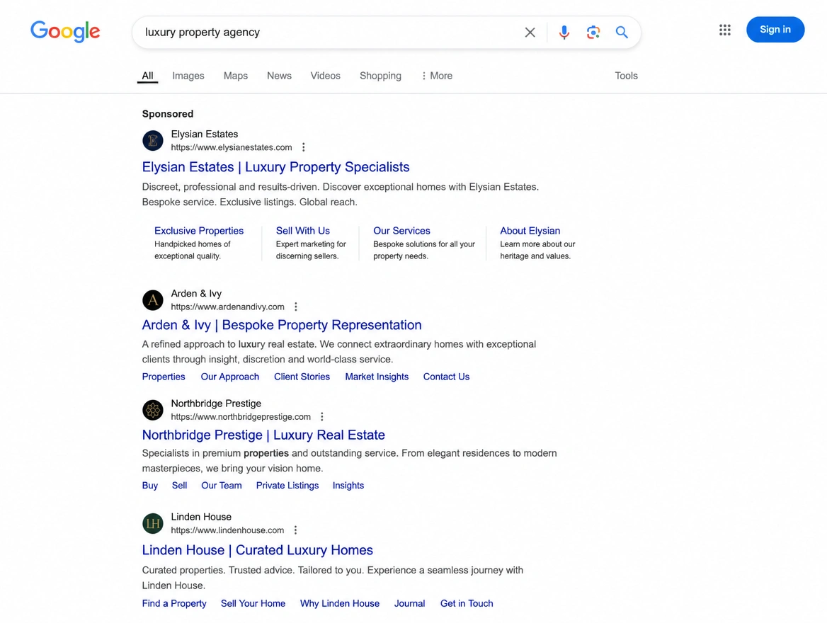 Google search results with a sponsored property agency advert sitting first