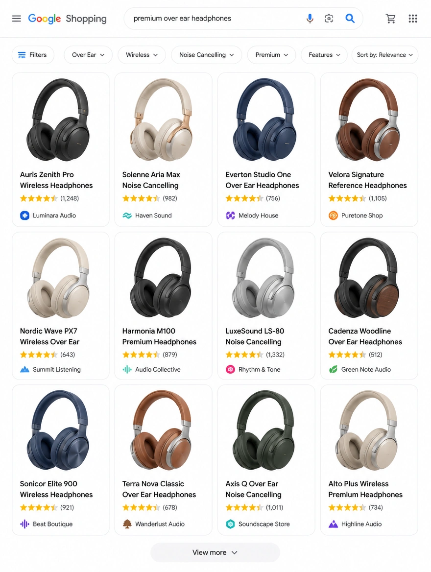 Google Shopping results grid of over ear headphones with ratings and shop names