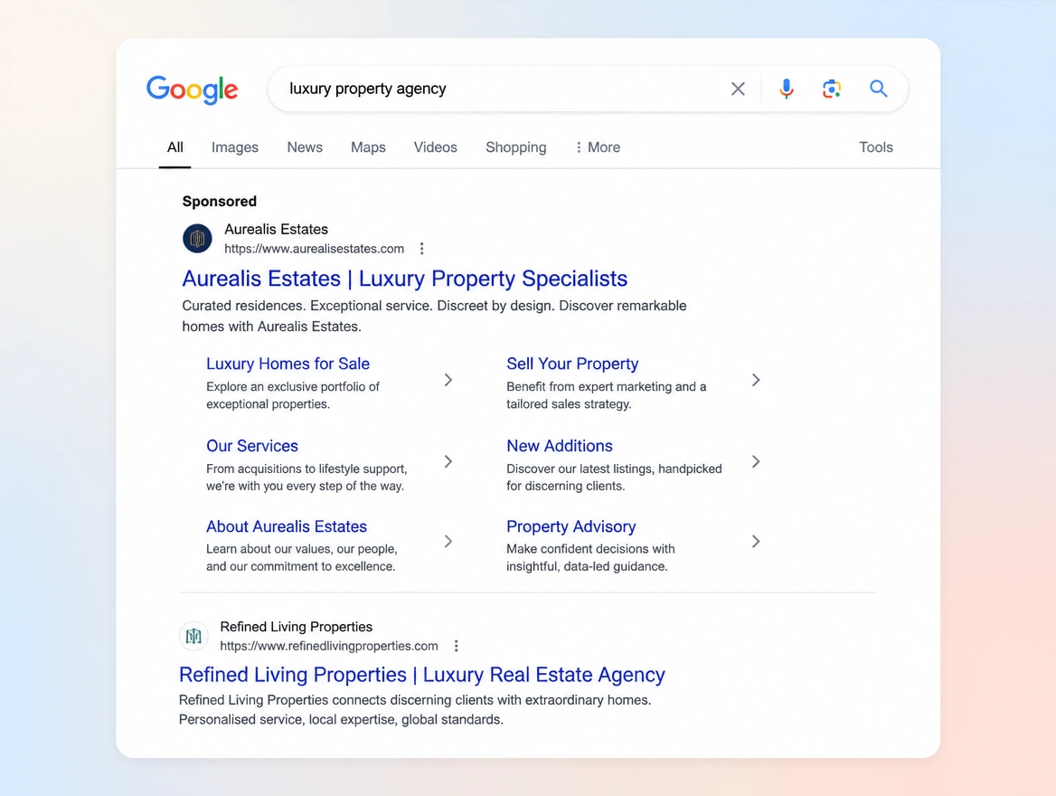 Website mockup showing search campaigns