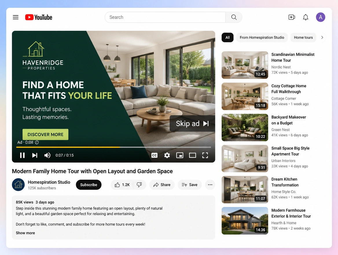 Website mockup showing youtube ads