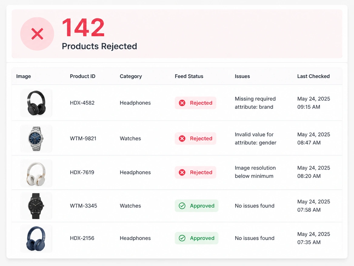 A product feed table with a large count of rejected products