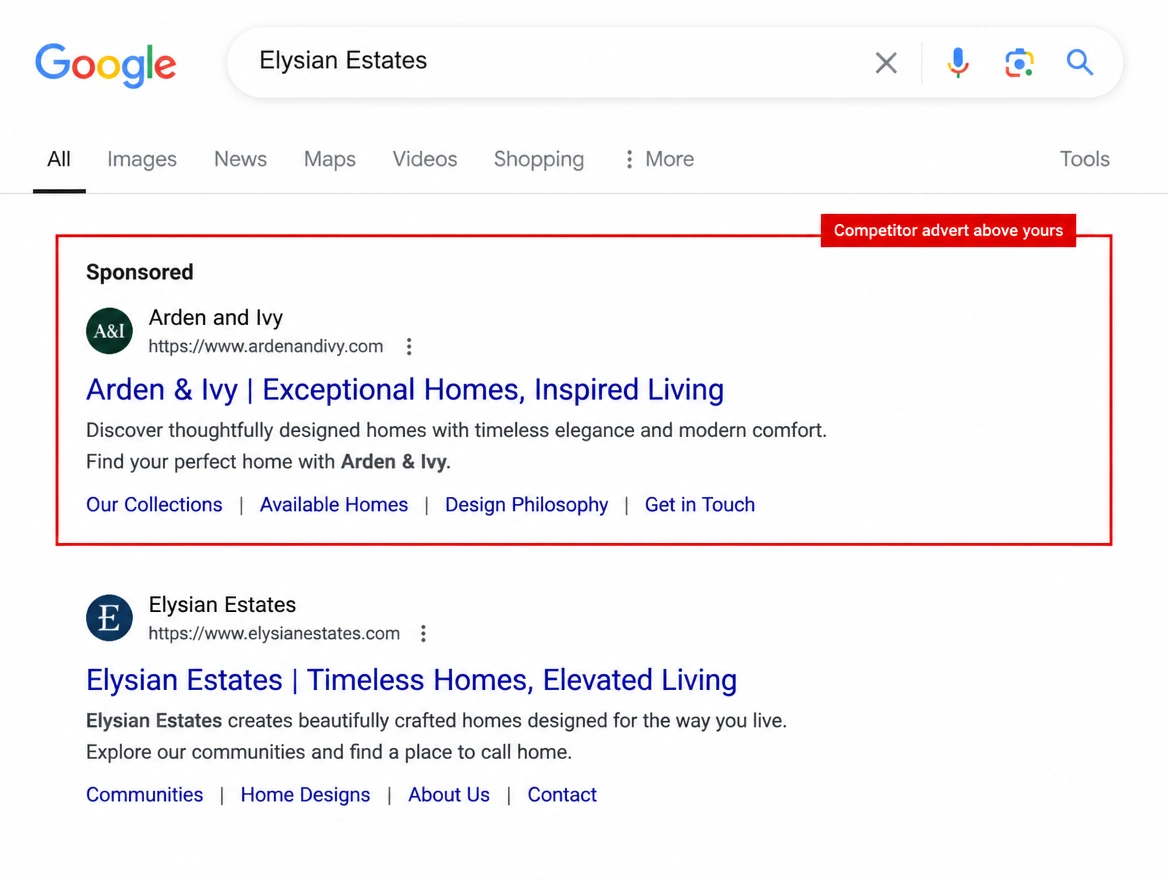 Search results where a rival advert sits above the brand's own listing