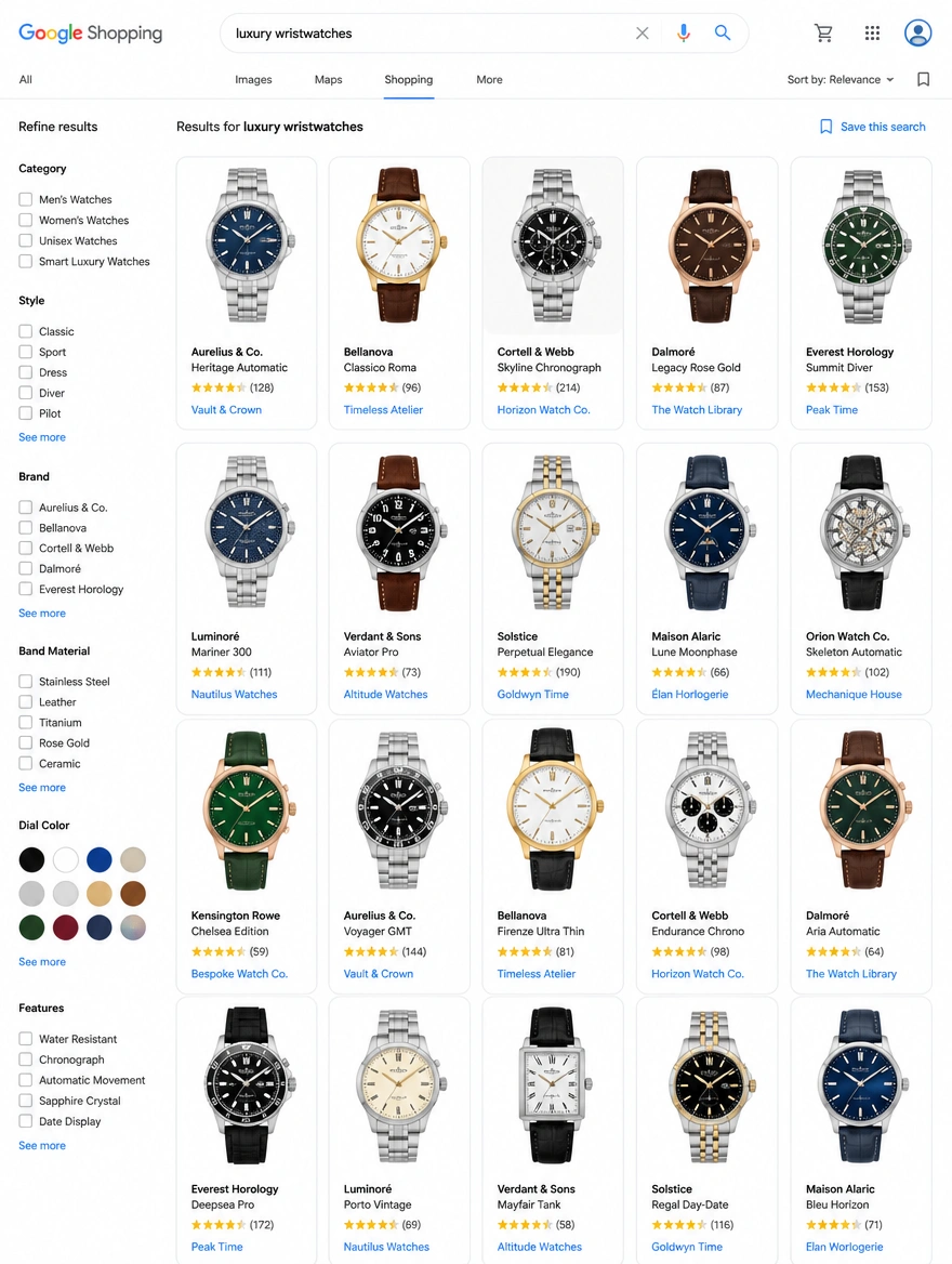 Google Shopping results grid of wristwatches with ratings and shop names