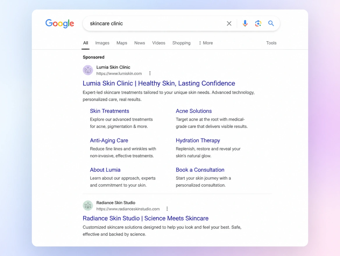 Website mockup showing search campaigns