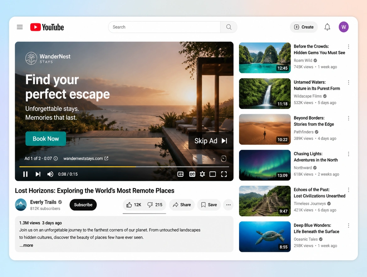 Website mockup showing youtube ads