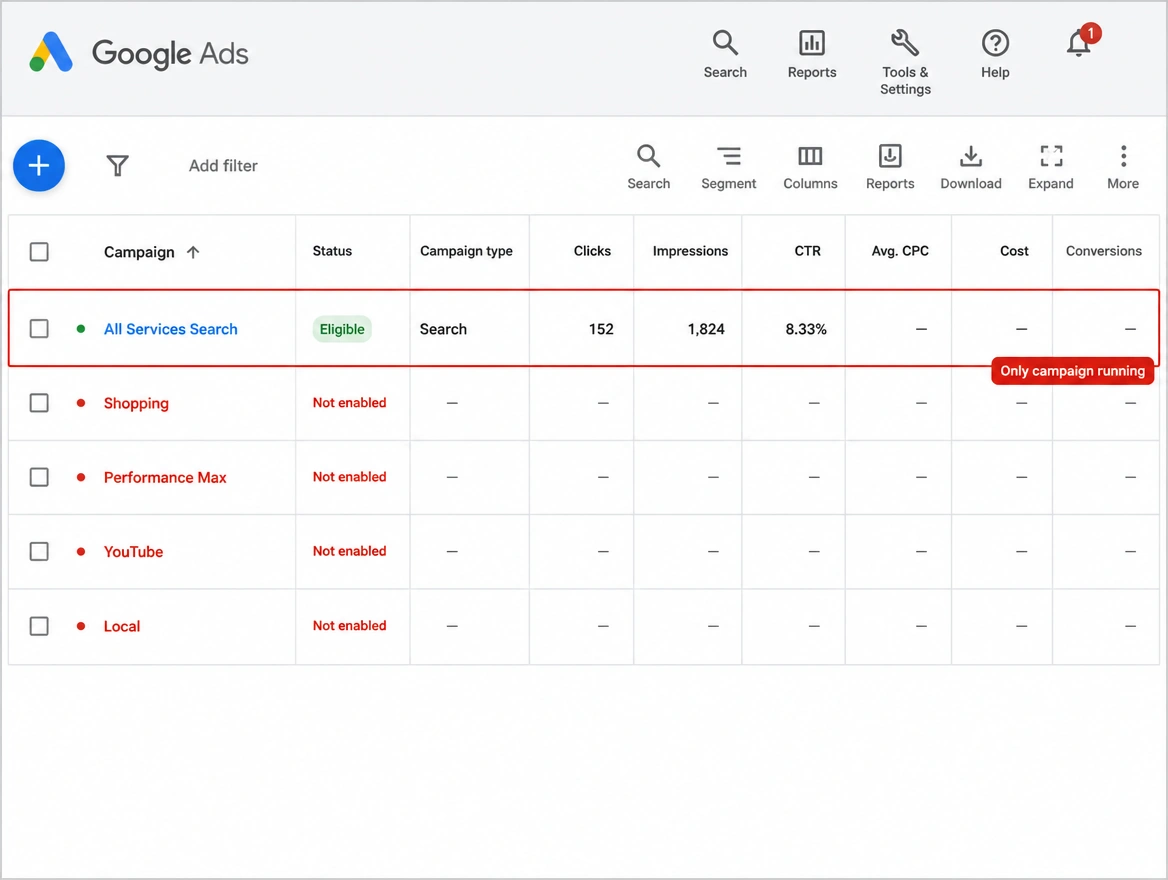A campaign list where only one Search campaign is enabled