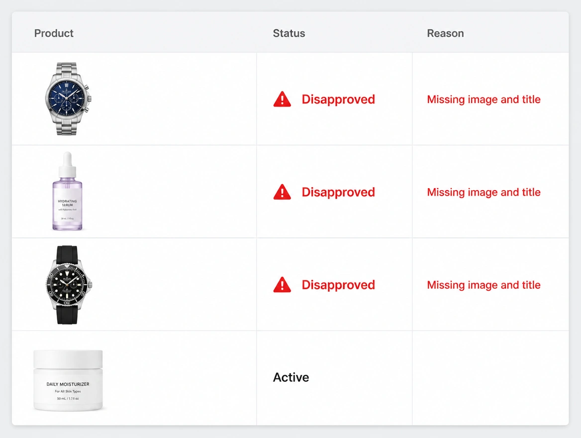 A product feed table with three products disapproved