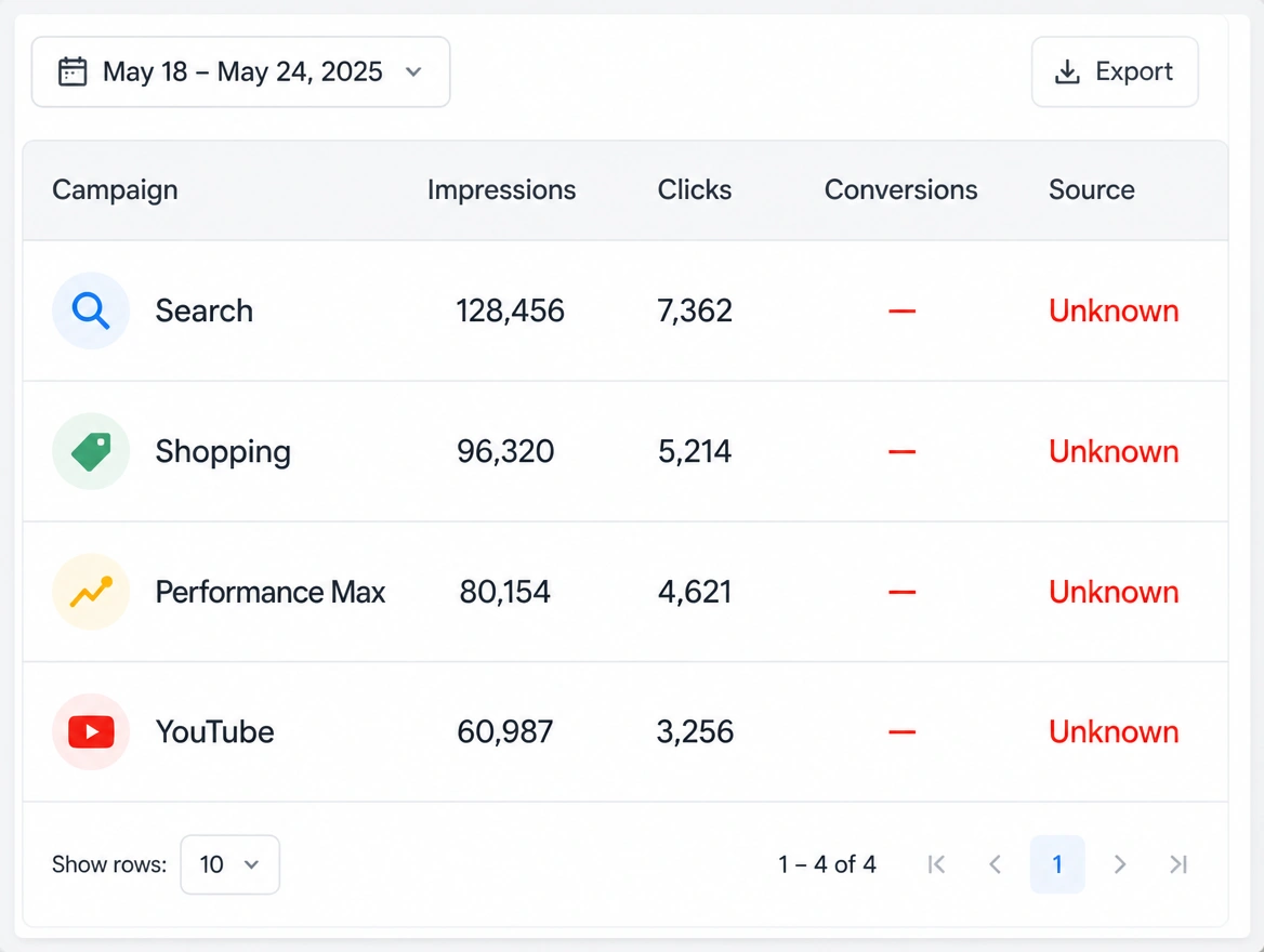 A campaign report with an empty conversions column and an unknown source