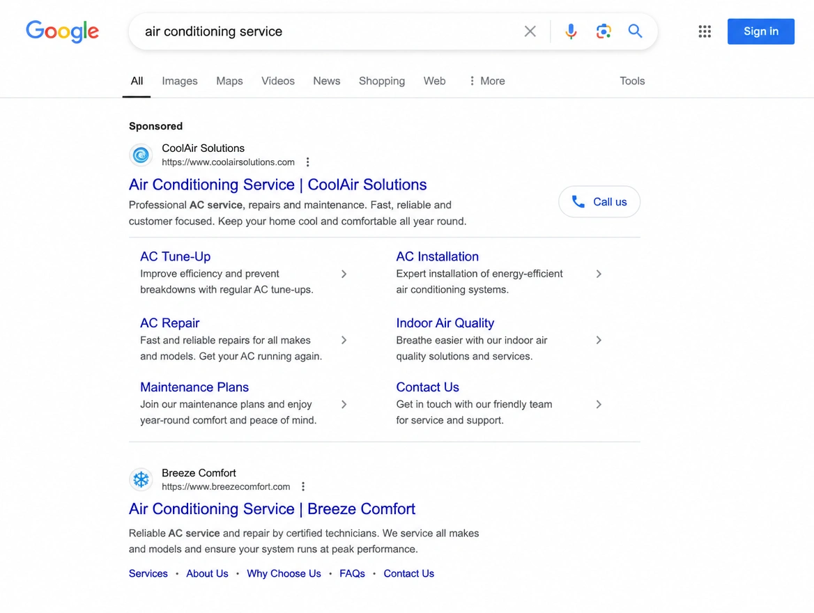 Google search results for an air conditioning service with a call button on the advert