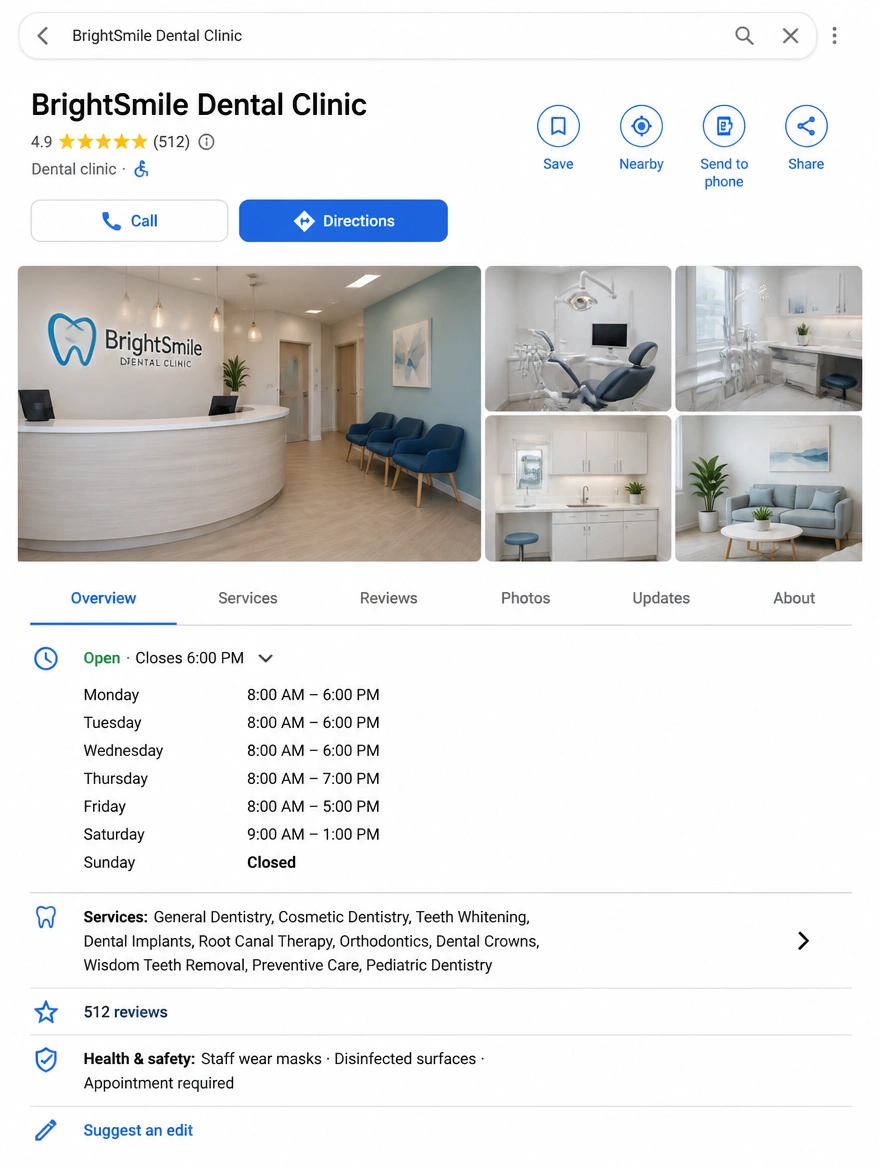 A Google Maps listing for a dental clinic with call and directions buttons
