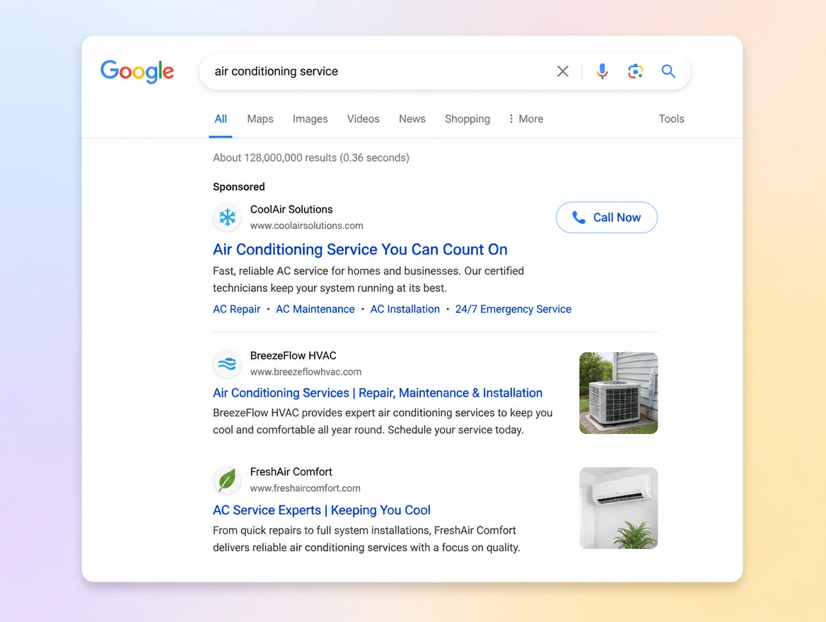 Website mockup showing search campaigns
