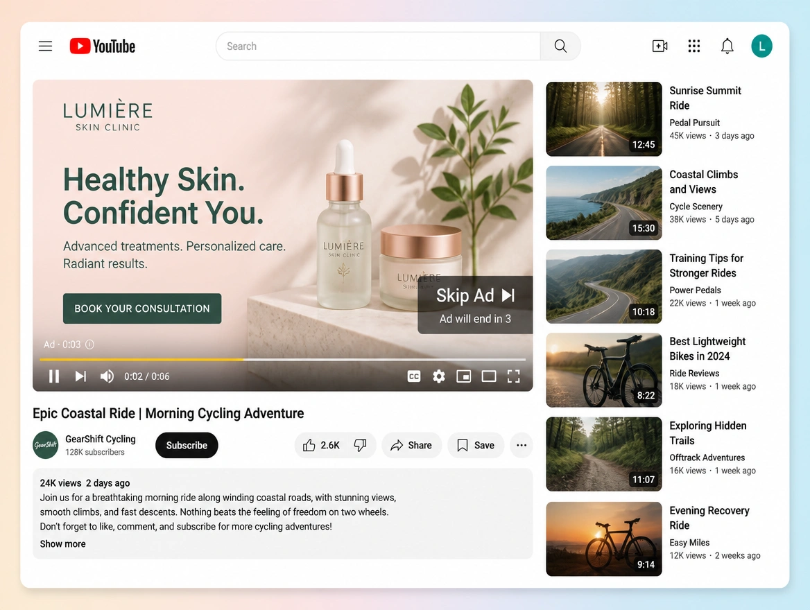 Website mockup showing youtube ads