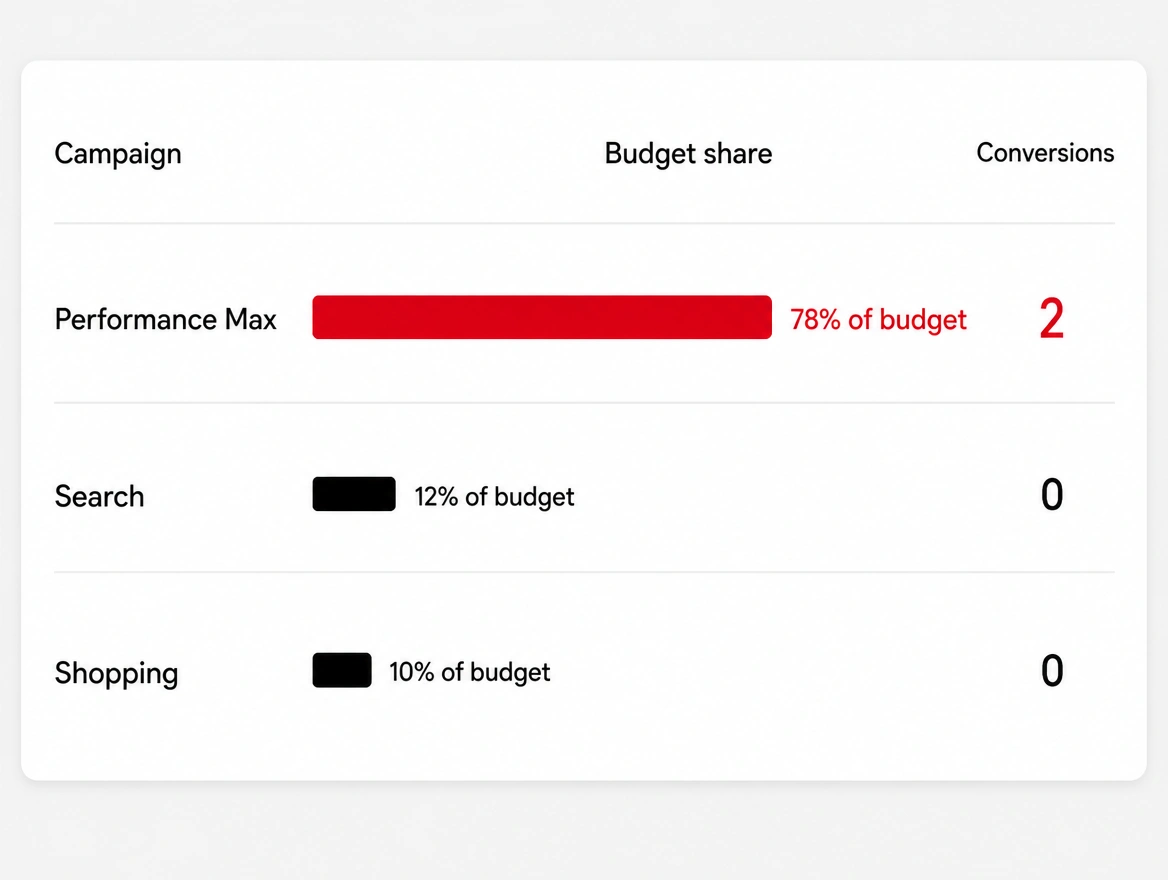 A budget share panel where Performance Max takes most of the spend