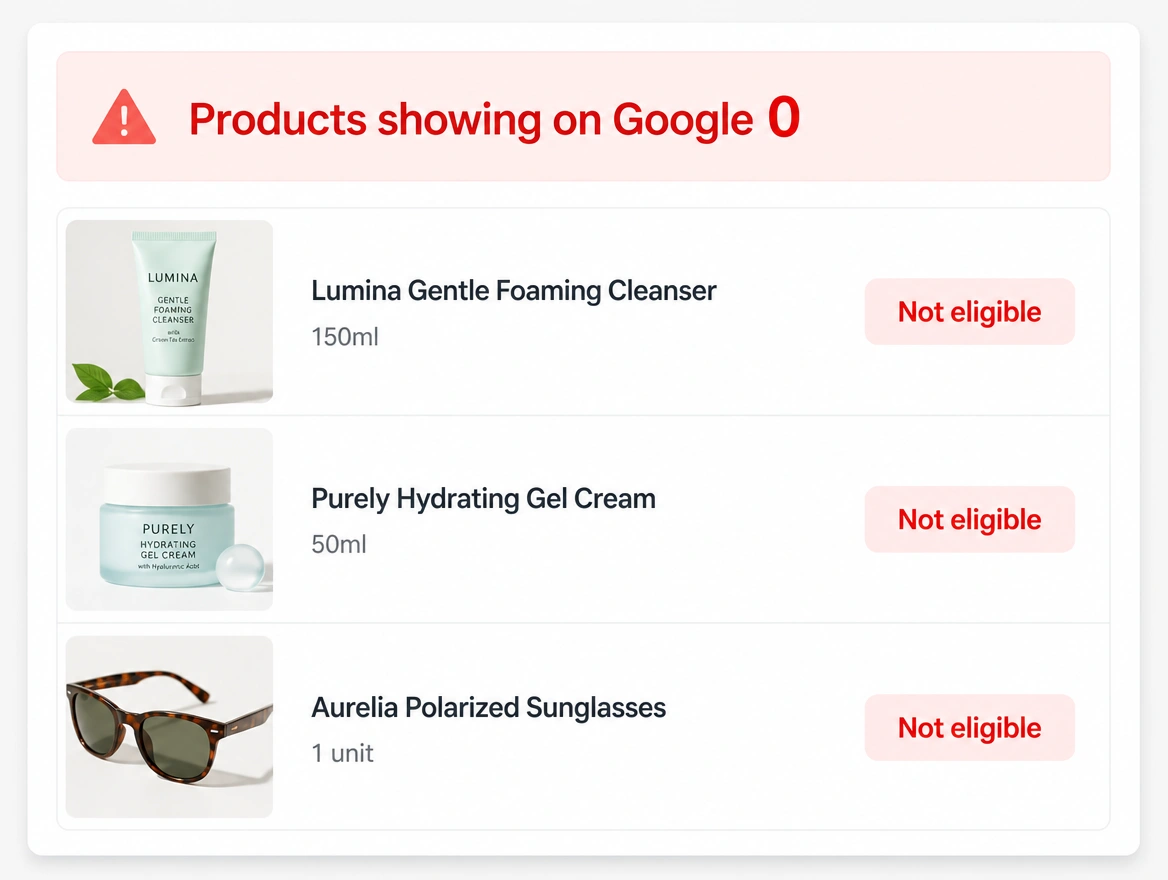 A product feed panel showing no products eligible to appear