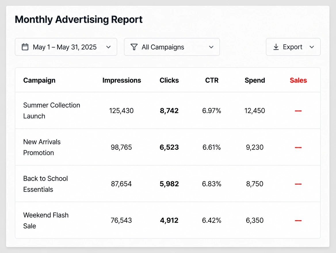 A monthly report with clicks filled in and the sales column empty