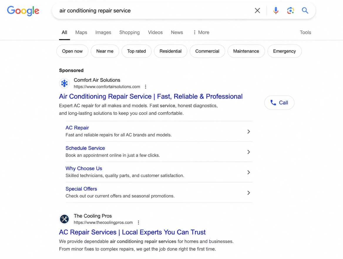 A Google search results page on a phone with a sponsored listing and a call button