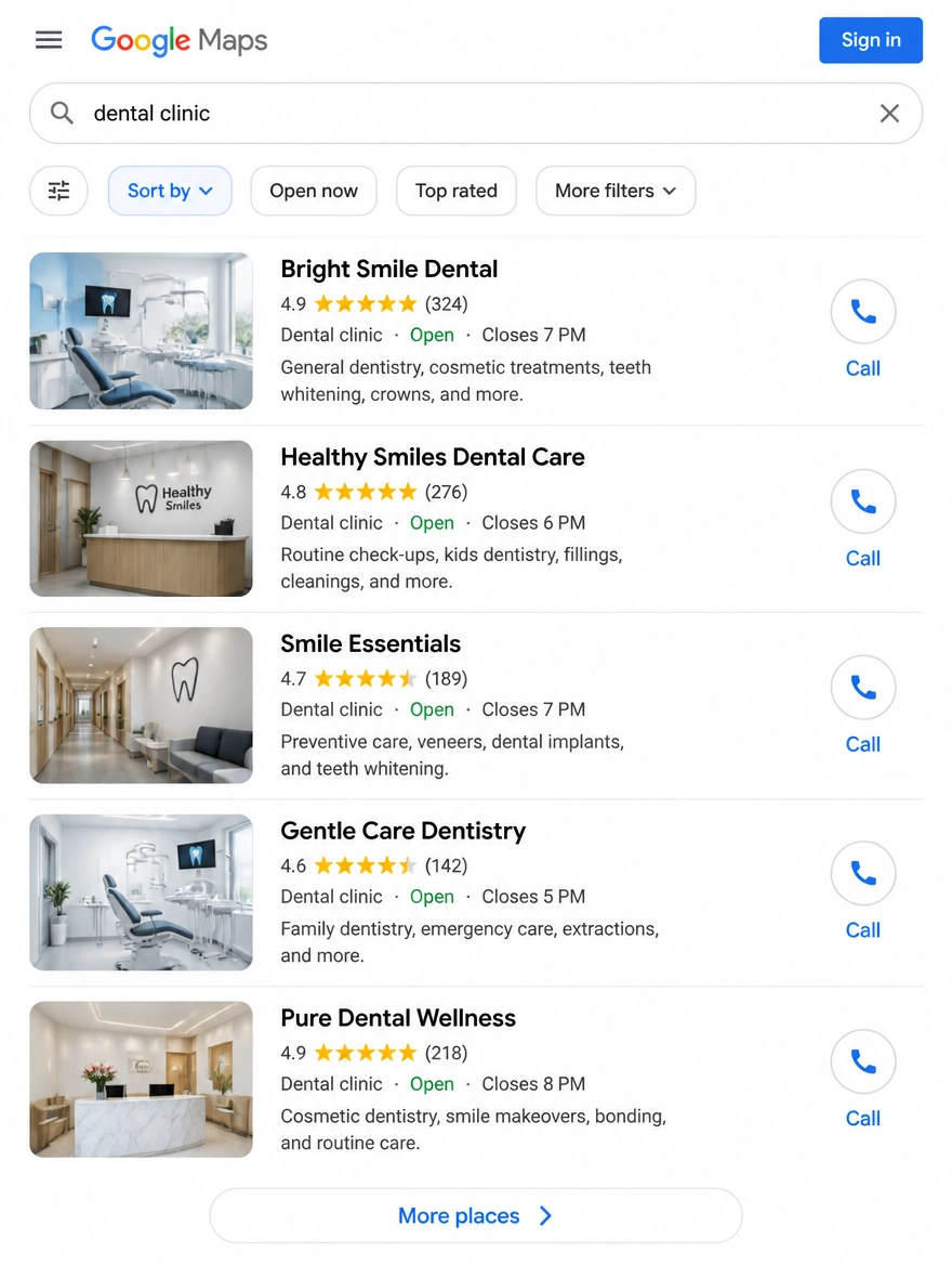 Google Maps local results listing nearby clinics with ratings and call buttons