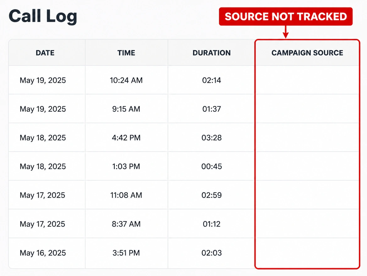 A call log with the campaign source column blank and marked in red