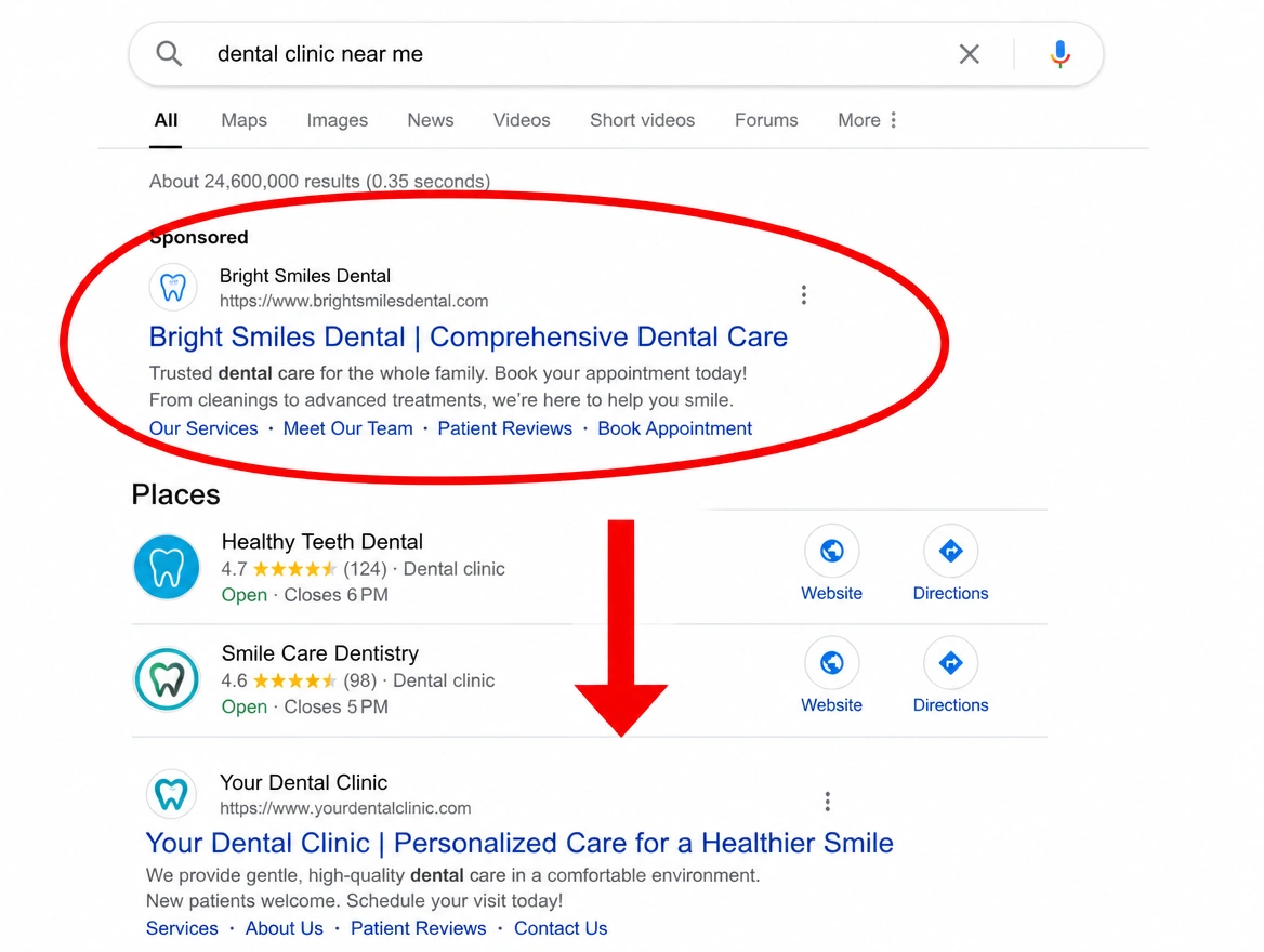 Mobile search results where a competing business sits above in the paid spot, marked red