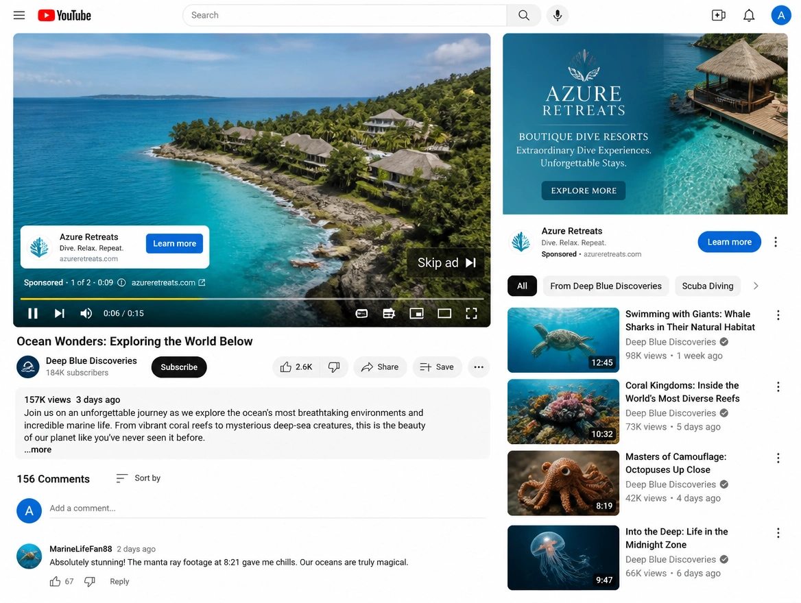 YouTube watch page with a skippable video advert and a companion banner