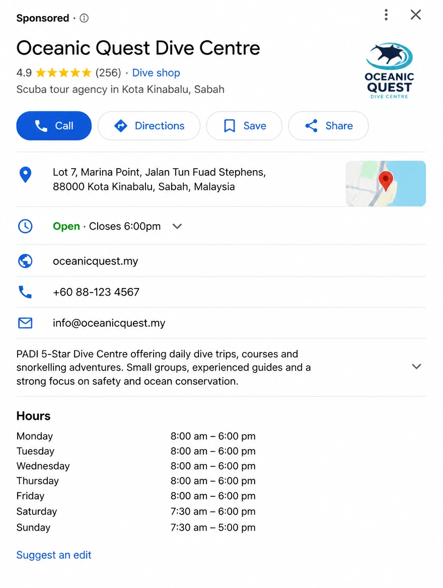 Google Maps listing for a dive centre with call and directions buttons