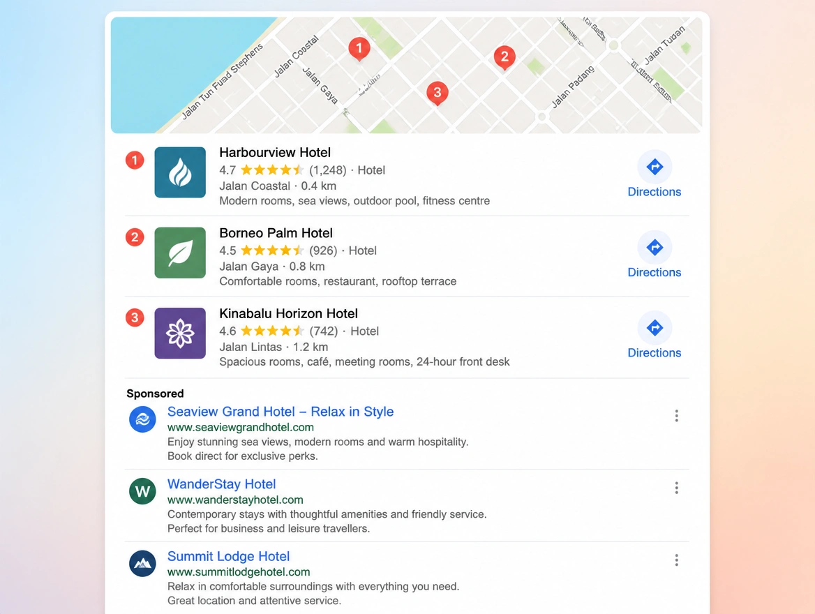 Website mockup showing local and maps
