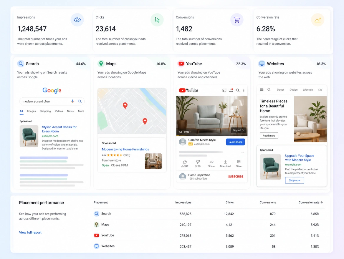 Website mockup showing performance max