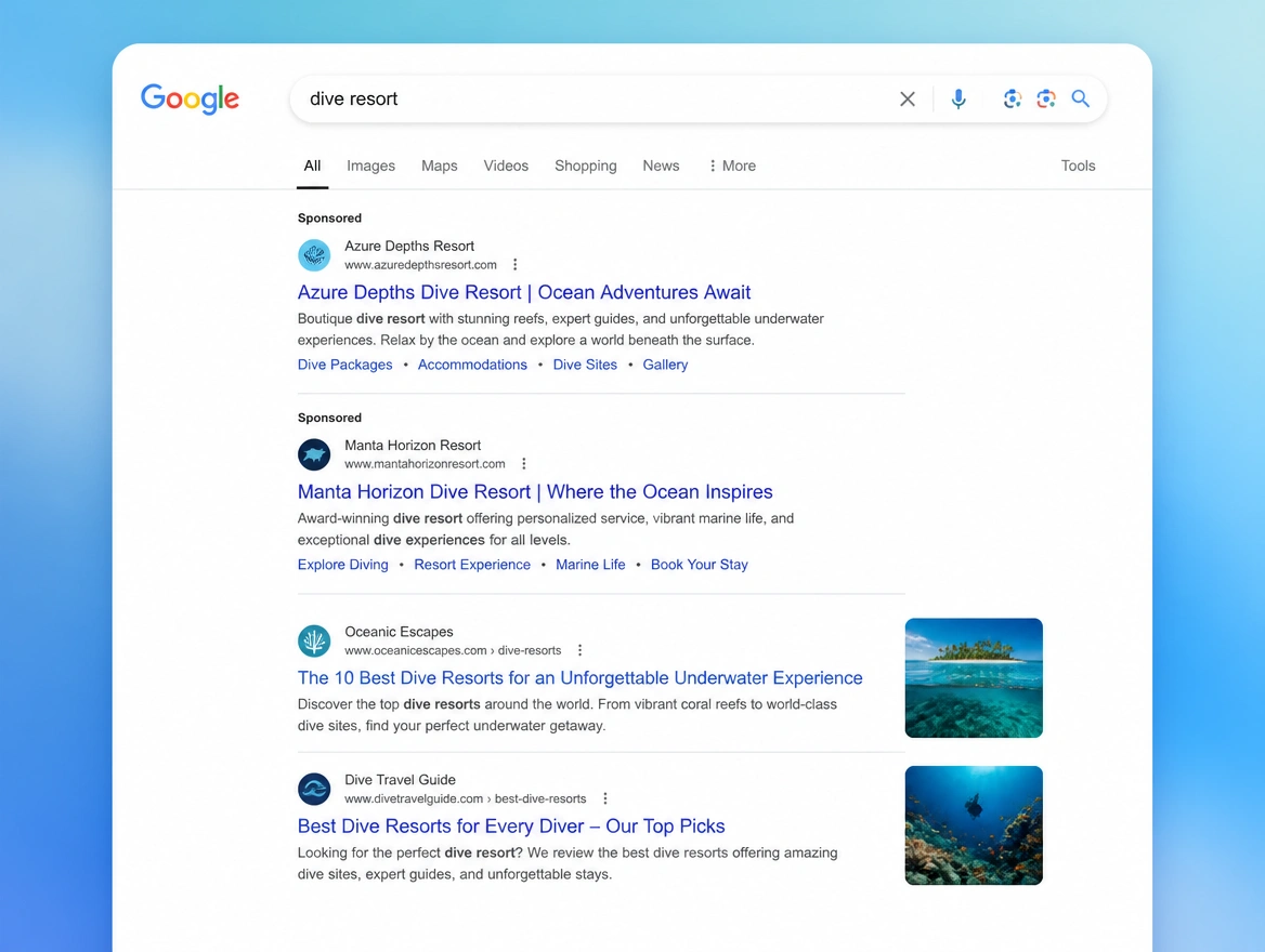 Website mockup showing search campaigns