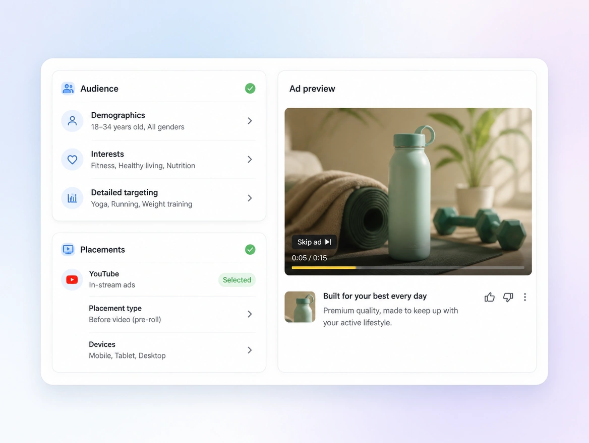 Website mockup showing youtube ads