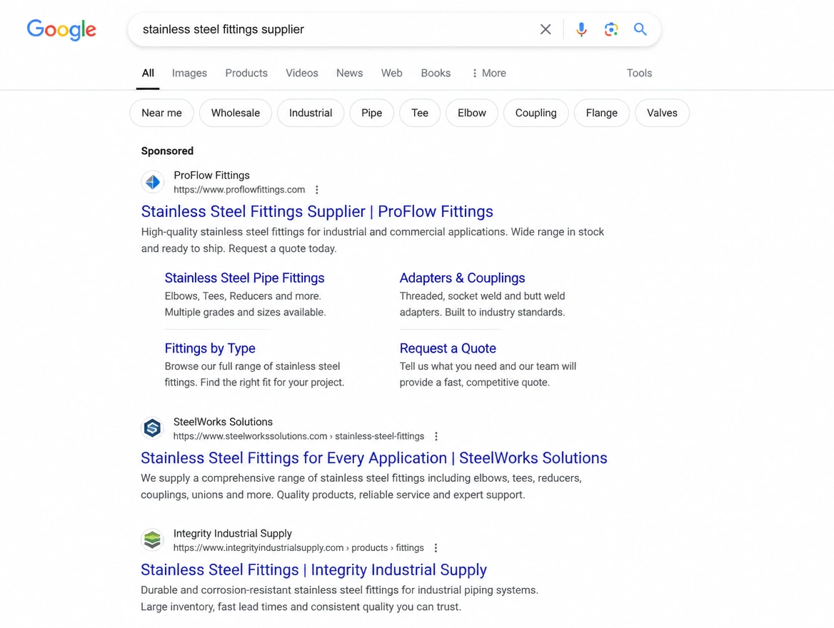 A Google search results page for an industrial supplier with a sponsored listing at the top