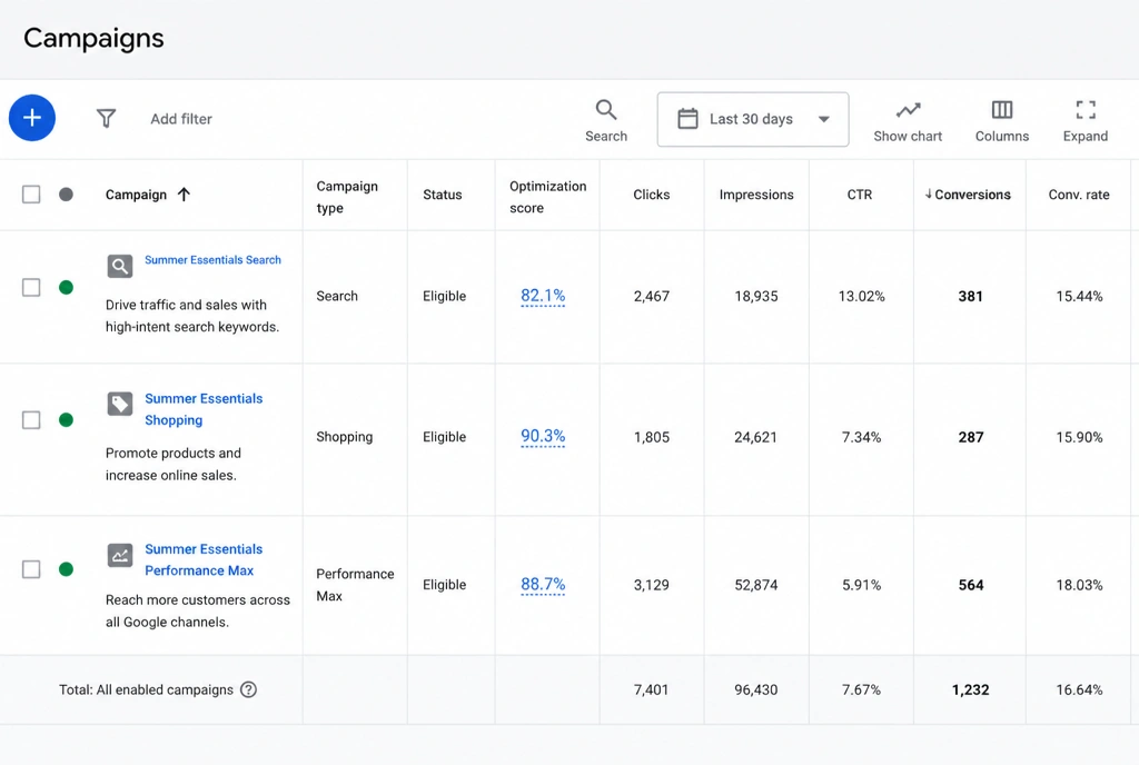 A Google Ads dashboard showing one row per campaign type with conversions filled in