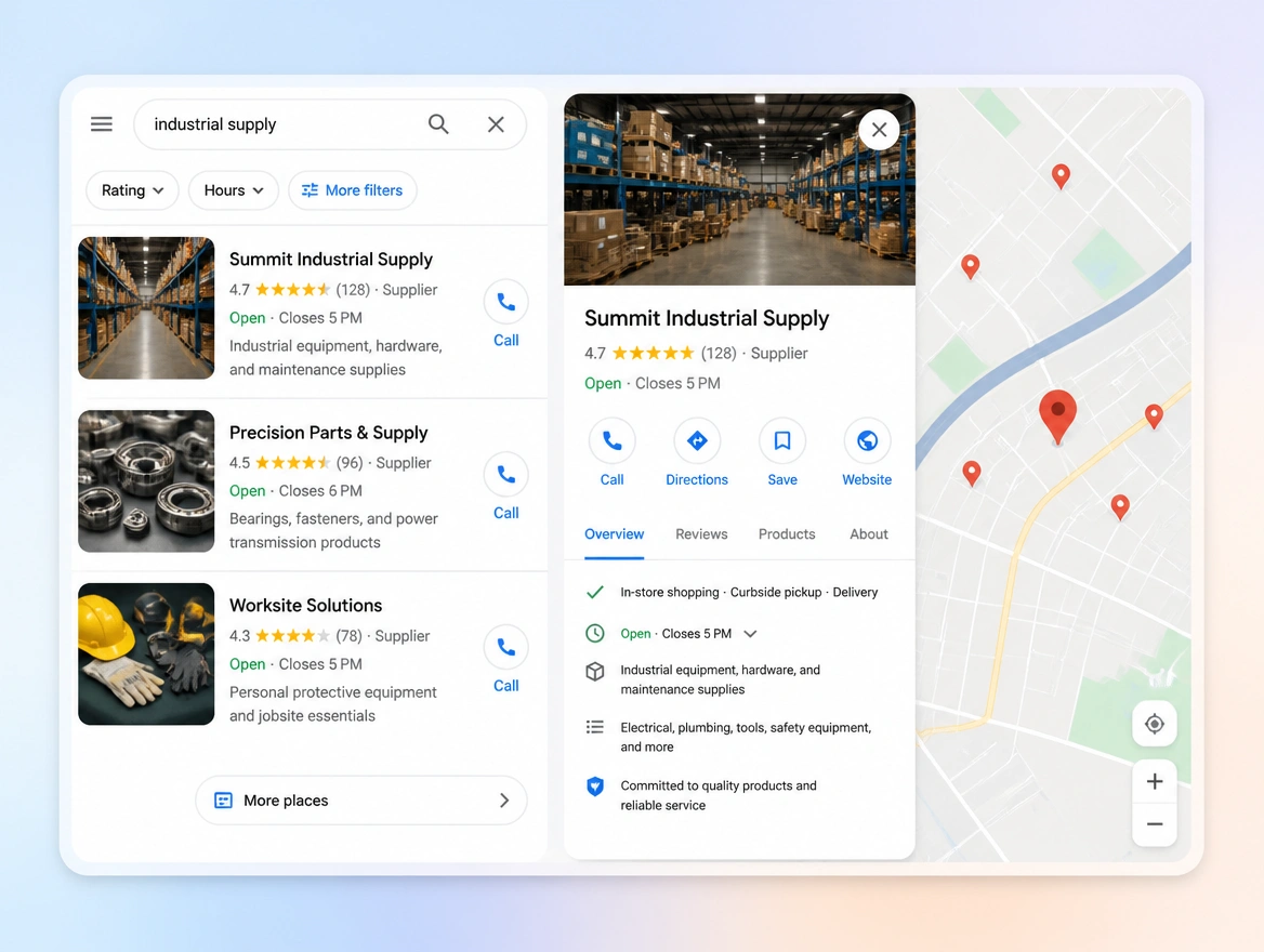 Website mockup showing local and maps