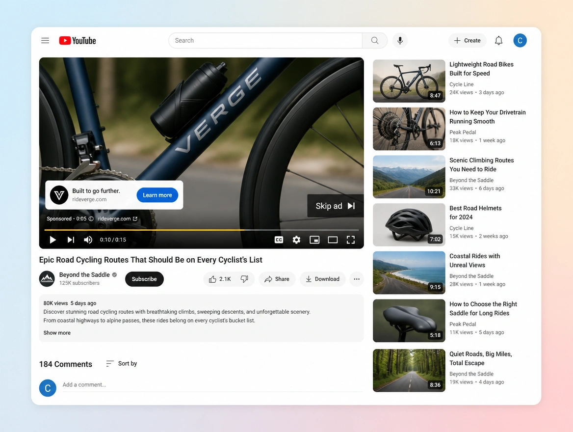 Website mockup showing youtube ads