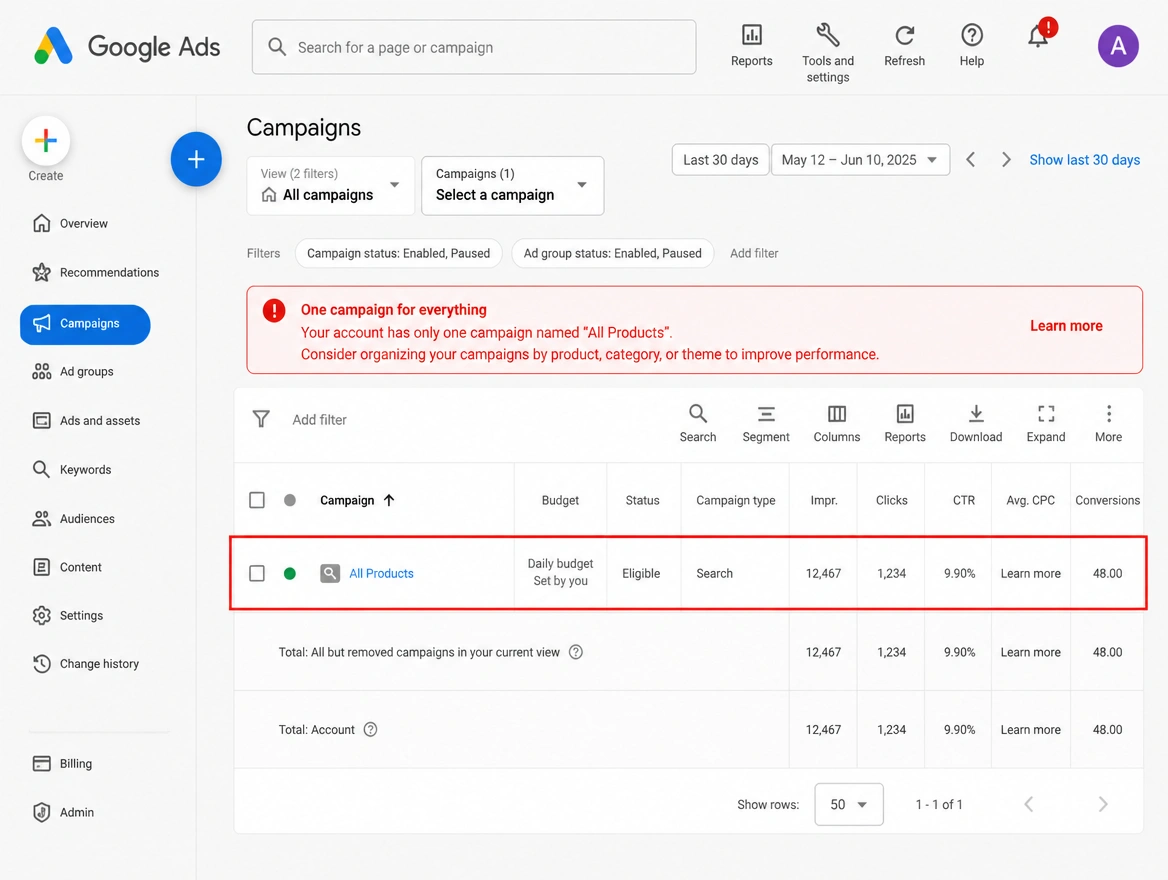 A campaign list holding a single Search campaign for every product, outlined in red
