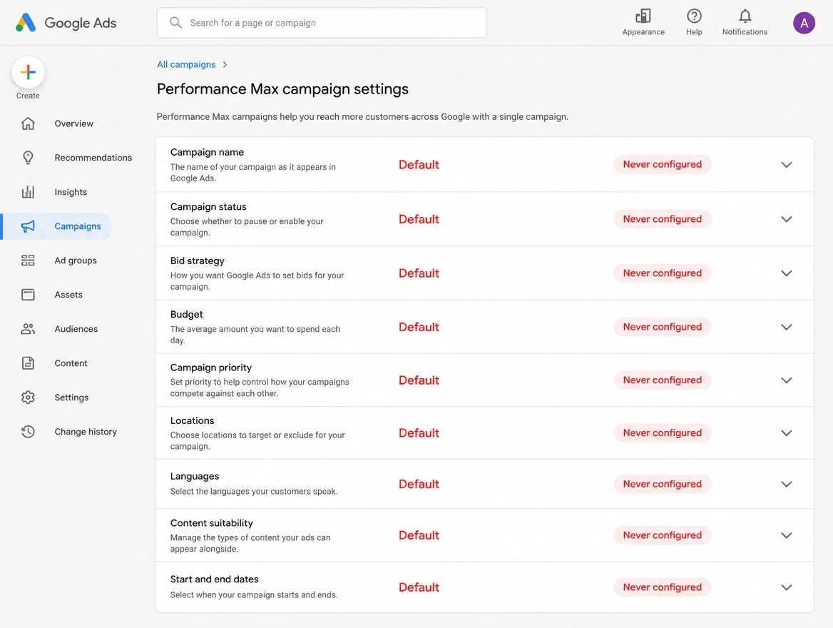 A Performance Max settings screen with every option left on default, flagged in red