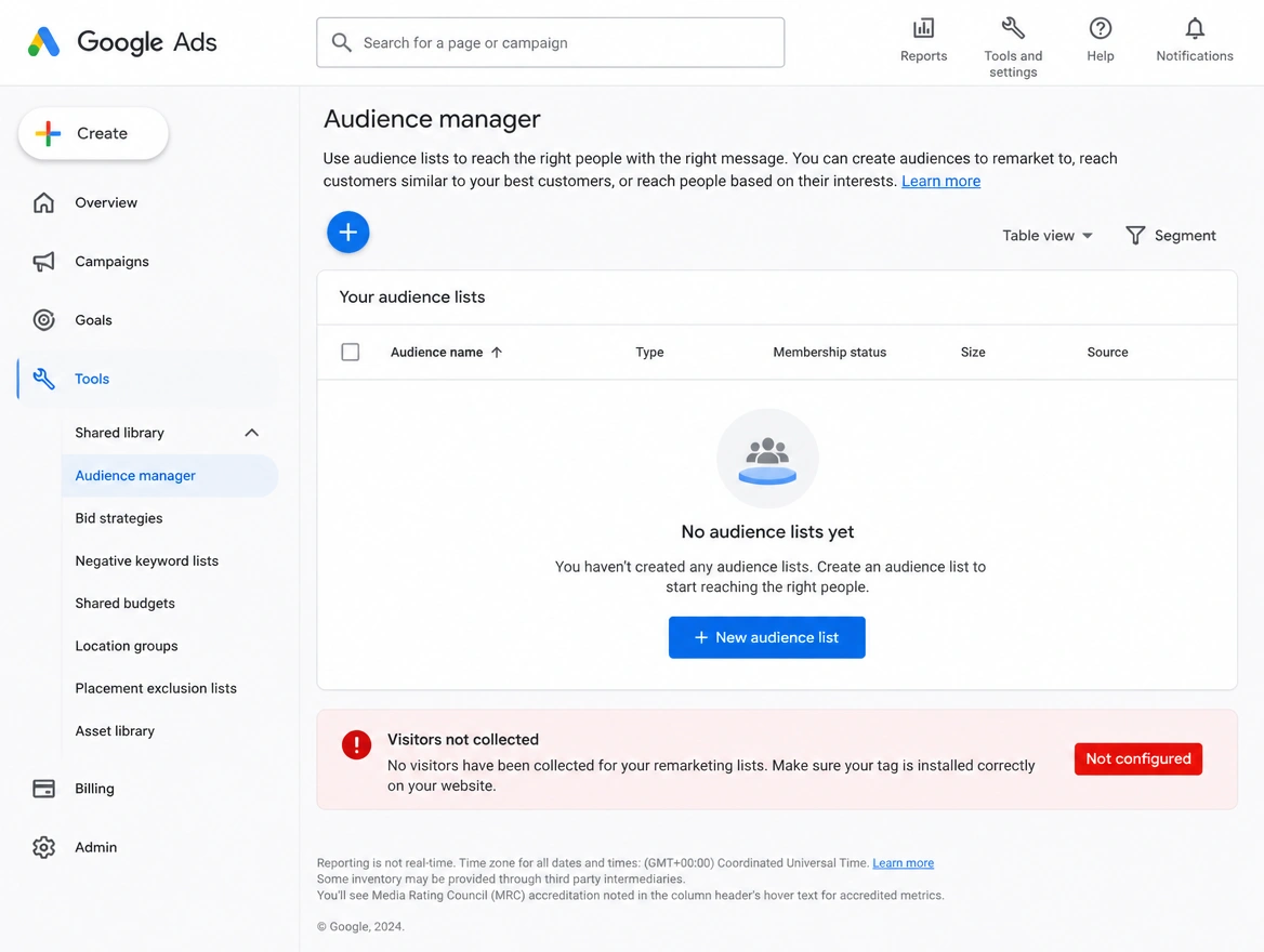 An empty remarketing audience list with a red not configured status pill